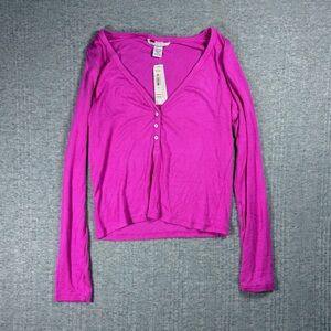 Victoria's Secret Long Sleeve Button Henley Ribbed Crop Top Pink Women’s L NWT